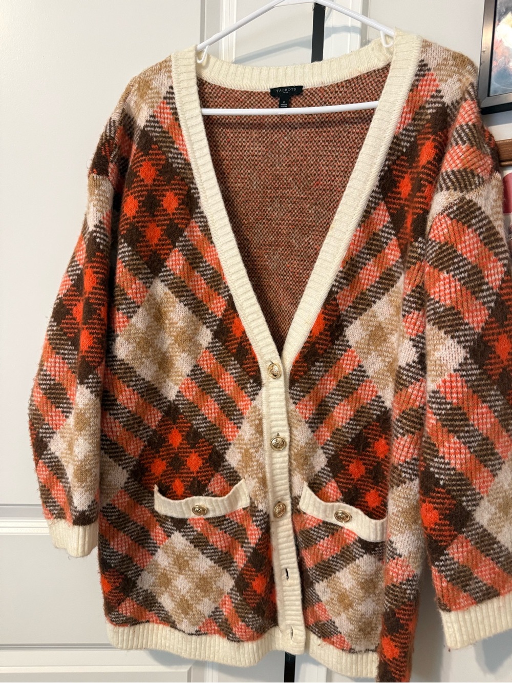 Talbots Orange, Brown and Cream Plaid Knit Cardigan